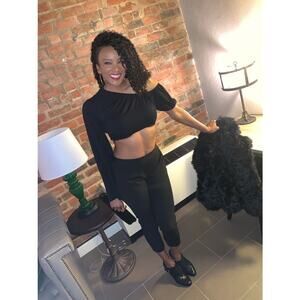 SID NEIGUM Black Cropped One Long Sleeve Asymmetric Party Top size 8